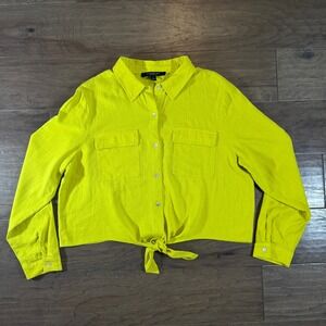 Marc New York Andrew Marc Lime Green Linen Blend Tie Front Cropped Shirt Large